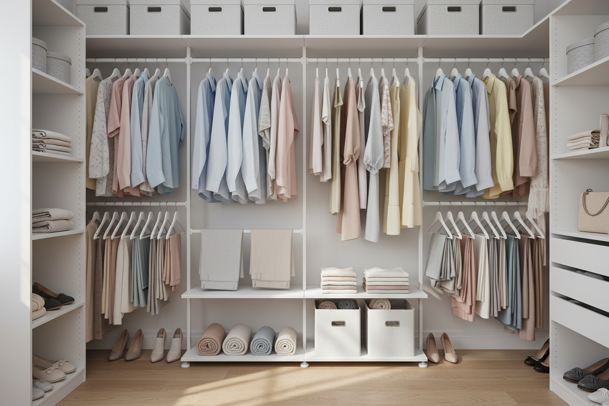 Appendiabiti multifunzionale in un armadio con appesi vestiti, colori chiari
